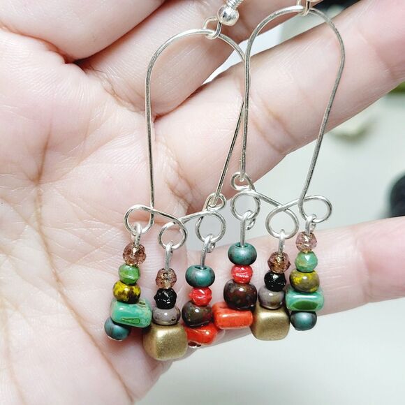 artisan earrings 669#mfs Czech glass fringe boho earrings green multicolor mix g - Picture 2 of 5